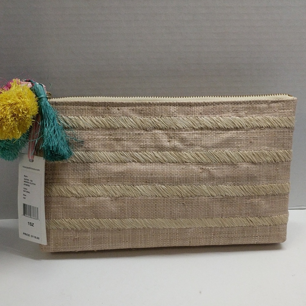 Kayu for Vineyard Vines.  Natural Straw Stripe Clutch with Pom Tassels
